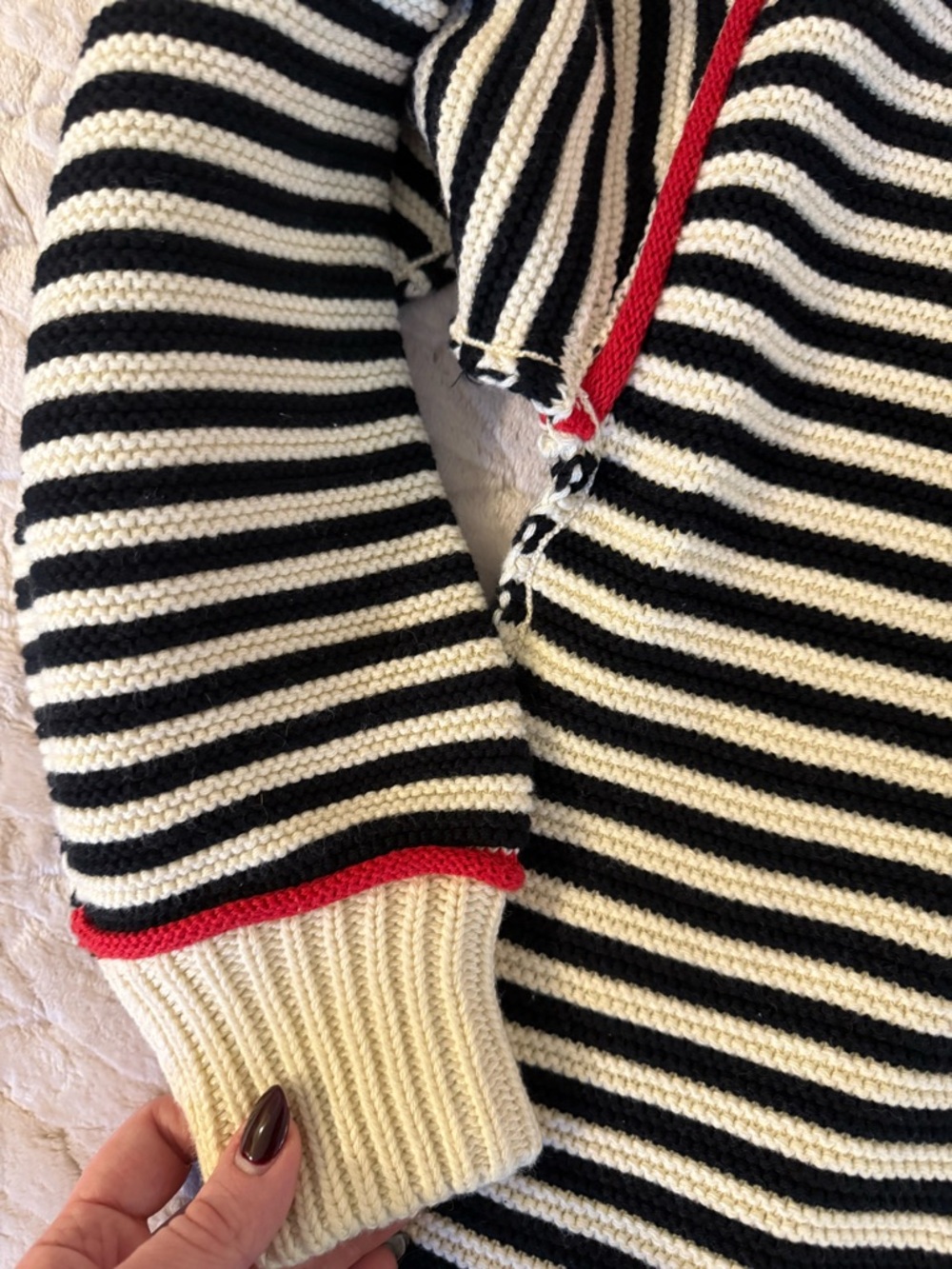 Free People Black & Cream Striped Crewneck Sweater with Red Hem - Picture 7 of 8
